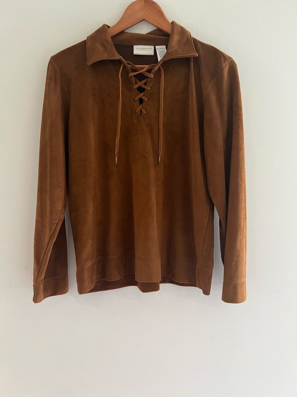 Liz Claiborne Lace Up Long Sleeve Collared Shirt Faux Suede Brown Size Medium JL